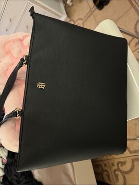 Tommy Hilfiger Black Leather Messenger Tote with Gold HW